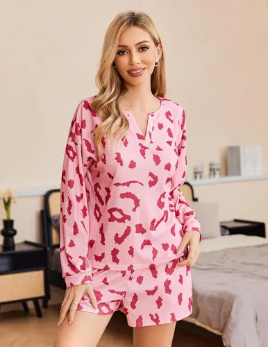 Vista 3 de Ekouaer Conjunto de pijama de punto gofre para mujer, camiseta de manga larga y pantalones cortos, ropa de descanso de 2 piezas con bolsillos