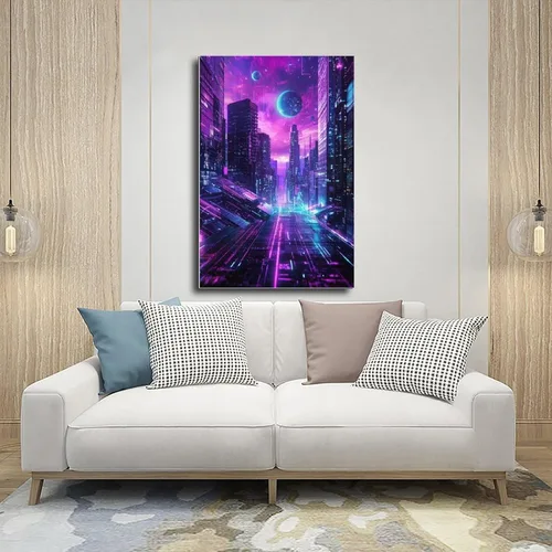 Vista 5 de Futuristic Neon City Wall Art – Synthwave Aesthetic Poster with Grid & Planet Elements Modern Wall Prints Abstract Geometric Minimalist Art Framed