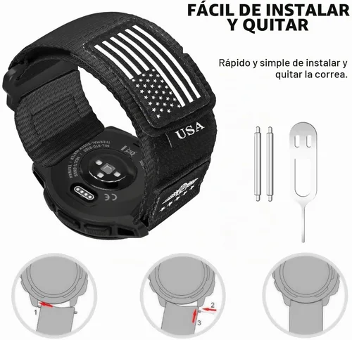 Vista 4 de Abanen Correa Táctica de Nylon Resistente para Garmin Instinct 3 45mm/ Instinct 2 Solar, Correa Deportiva con Bandera de Estrellas y Rayas para Negro
