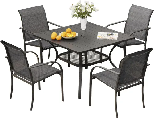 Vista 11 de VICLLAX Juego de 2 sillas de patio pequeñas para exteriores, juego de sillas apilables para patio y mesa de comedor cuadrada para porche delantero