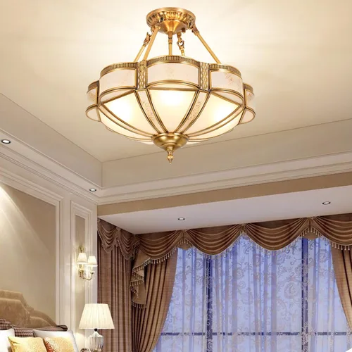 Vista 2 de Lámpara de techo de latón de 4 luces semiempotrada, candelabro dorado para comedor, lámpara de techo de vidrio esmerilado, luz empotrada moderna