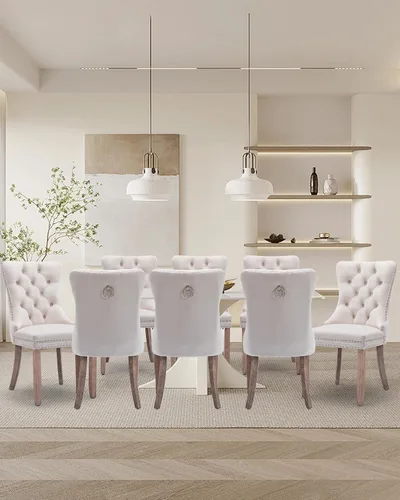 Vista 15 de Juego de 2 sillas de comedor de terciopelo con patas de madera, color beige Mid Century Modern Dining Chairs,Upholstered Chairs with Nailhead