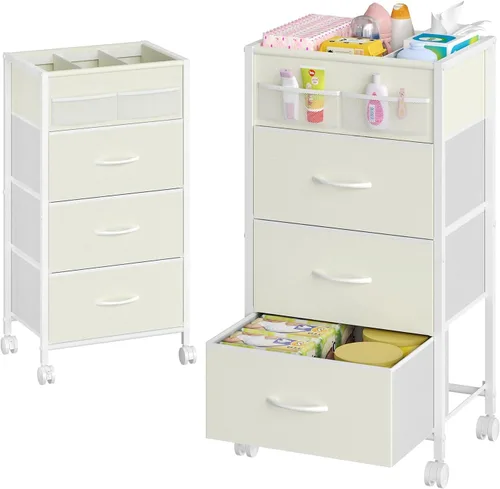 Vista 11 de Carrito organizador de pañales de 3 niveles para bebé, carritos de almacenamiento móviles con ruedas, con 2 divisores y 14 bolsillos de malla