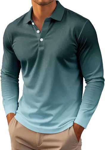 Vista 15 de Polo degradado para hombre, manga larga, con botones, cuello ligero, para golf y tenis