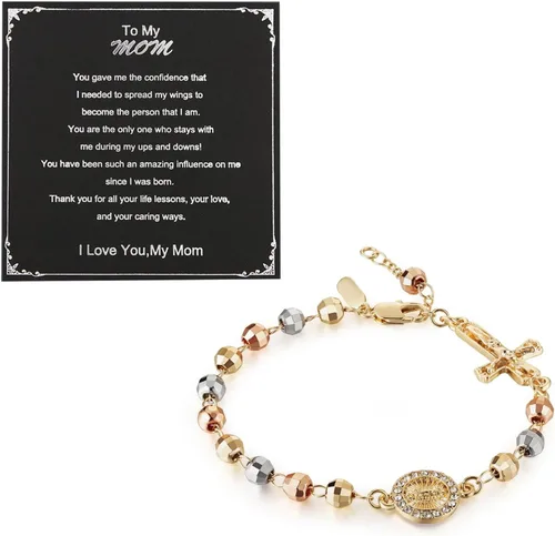 Vista 10 de HZMAN Pulsera de cruz con cuentas de rosario virgen de Guadalupe ajustable para mujer, regalo de joyería Cruz de Jesús y María