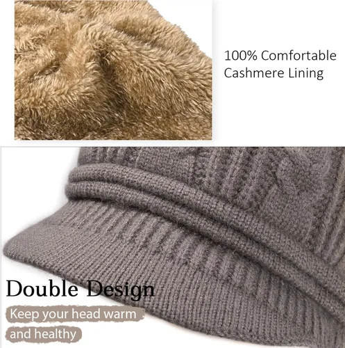 Vista 4 de Gorro de invierno para mujer, con forro polar, cálido, tejido, holgado, con visera