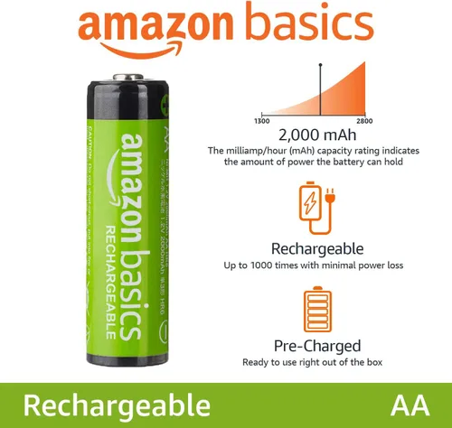 Vista 2 de Amazon Basics - Paquete de 4 baterías recargables AA, rendimiento de 2,000 mAh, precargadas, se recargan hasta 1000 veces
