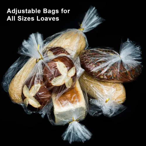 Vista 3 de Bolsas de pan reutilizables con lazos, 50 bolsas transparentes y 50 lazos, ajustables para pan casero y pan de panadería
