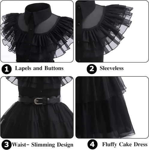 Vista 4 de VALOZENC Wednesday Addams Costume Dress For Girls Kids Cosplay Addams Dress Up Halloween Costume With Wigs Belt 3-12Y