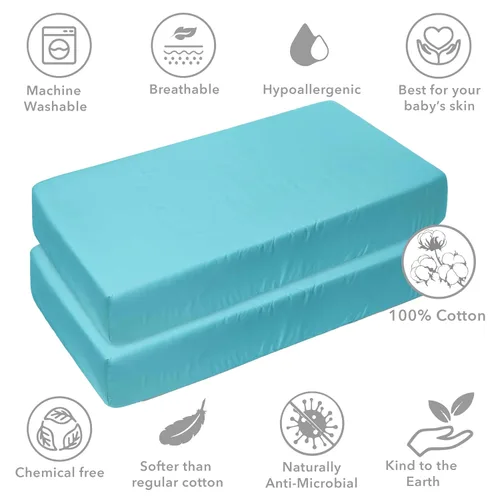 Vista 5 de Bacati - Paquete de 2 sábanas bajeras de 100% algodón percal de algodón neutro sólido universal para cuna o niño pequeño (turquesa aguamarina)