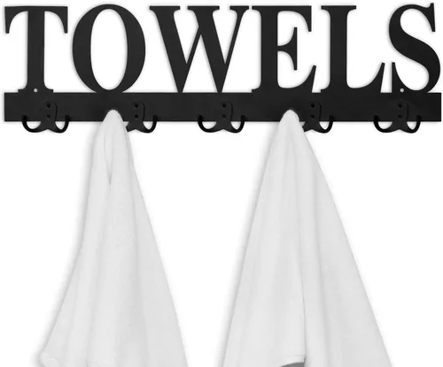 Vista 4 de MyGift Toallero para baño, soporte para toallas de baño montado en la pared con 5 ganchos dobles, colgador de toalla de mano de lavandería de Negro