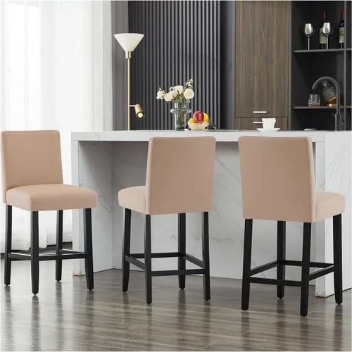 Vista 13 de Juego de 3 taburetes de bar de piel sintética de 26 pulgadas, modernas sillas de bar tapizadas de altura de barra, taburetes de bar con patas