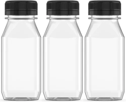 Vista 8 de 5 piezas de botellas de jugo de plástico reutilizables de 6 oz, recipientes transparentes a granel con tapas negras para jugo, batidos, té, leche