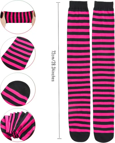 Vista 7 de 7 pares de calcetines largos a rayas por encima de la rodilla, calcetines hasta la rodilla para Halloween, cosplay, fiesta, disfraz, fiesta