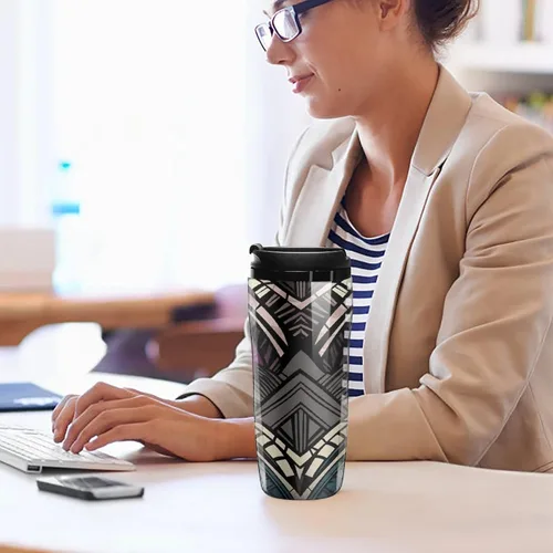 Vista 7 de Art Deco Geometric Pattern Coffee Cup Hot Coffee Travel Mug Reusable Iced Coffee Cups Double Heat Insulation Coffee Mug with Leak-Proof Lid Stylish