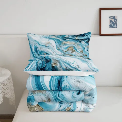 Vista 5 de Erosebridal Edredón de mármol azul y blanco, ropa de cama de lentejuelas doradas, juegos y colecciones de ropa de cama con patrón geométrico