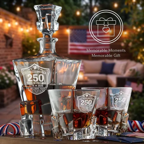 Vista 9 de Juego de decantador de whisky personalizado para el 250 aniversario Rocks, regalo de independencia de Estados Unidos 250 para hombres, nombre