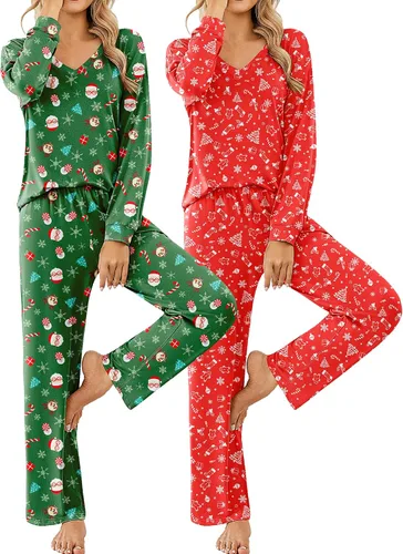 Vista 10 de Ekouaer Conjunto de 2 pijamas para mujer, pijamas de manga larga con camiseta y pantalones, cuello en V, pijamas suaves con bolsillos, ropa