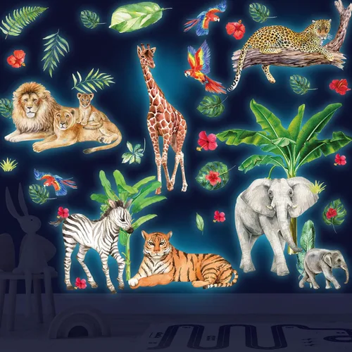 Vista 5 de Adhesivos de pared de animales de la jungla que brillan en la oscuridad, calcomanías de pared luminosas y animales del safari que se pueden quitar