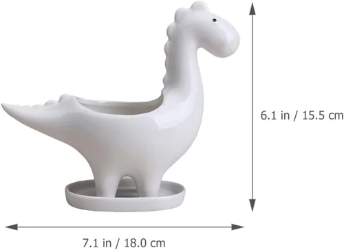 Vista 7 de Cabilock Maceta de cerámica de dinosaurio con bandeja de drenaje, adorable maceta para suculentas para decoración de escritorio de jardín