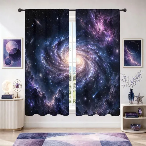 Vista 6 de Riyidecor Cortinas y Drapes Galaxia Espacio Nebulosa Cortinas de Cocina (2 Paneles 29.5 x 63 Pulgadas) Azul Bolsillo para Varilla Universo Planetas