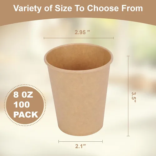 Vista 2 de Vasos desechables, paquete de 100 vasos de papel Kraft de 8 onzas, tazas de café de papel, vasos desechables de 8 onzas para bebidas calientes