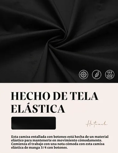 Vista 4 de HOTOUCH Camisas básicas con botones para mujer, manga 3/4, elásticas, con botones, camisa de vestir ajustada para camarera Negro