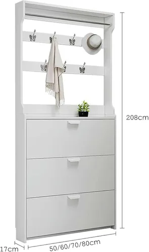 Vista 2 de Zapatero De 3 Cajones Con Organizador Independiente En Forma De Perchero Y Perchero Para Entrada, Color Blanco