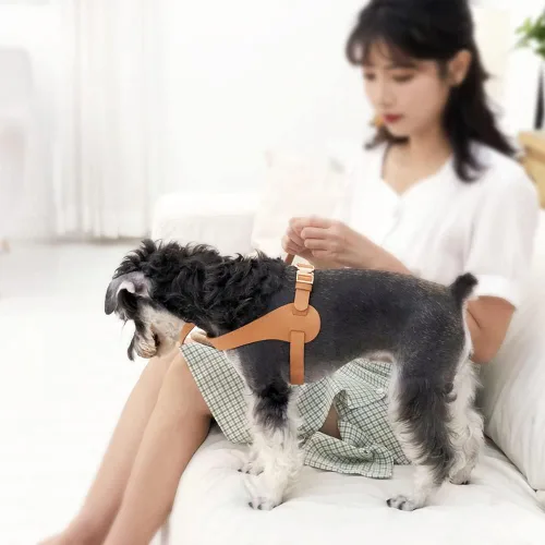 Vista 2 de Arnés de cuero de microfibra para perro mediano, arnés para perro sin tirones, fácil de llevar, impermeable, correas de doble capa, herrajes