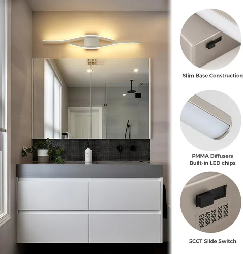 Vista 7 de Joossnwell Luces de tocador de níquel cepillado para accesorios de iluminación de baño, sobre espejo, regulables, 5CCT, moderno, lámpara de pared