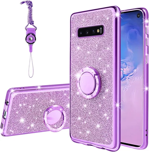 Vista 14 de Funda para Samsung Galaxy S10, Galaxy S10 2019 para mujer con purpurina de cristal suave TPU transparente con correa de pie de apoyo
