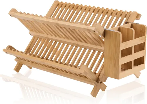 Vista 8 de NOVAYEAH Escurridor de platos de madera de acacia para encimera de cocina, 2 niveles, plegable, escurridor de platos de bambú con soporte