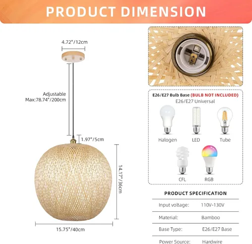 Vista 6 de Arturesthome Luces Colgantes de Bambú de 15.7", Candelabro de Mimbre Redondo, Pantalla de Lámpara de Canasta Boho Tejida a Mano, Luz de Techo