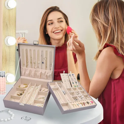 Vista 7 de ProCase - Joyero grande de cuero con dos niveles para organizar aretes, pulseras, anillos, relojes, para mujeres, niñas, regalo ideal para novia