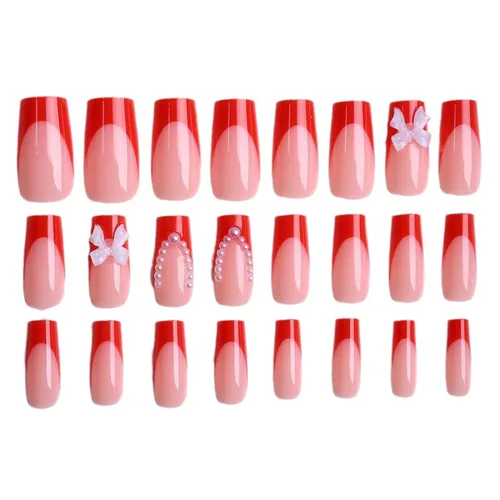 Vista 4 de Lindas uñas a presión de tamaño mediano - Uñas falsas cuadradas con punta francesa, uñas acrílicas rojas de cobertura completa brillantes