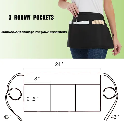 Vista 3 de DUSKCOVE Paquete de 12 delantales de servidor con 3 bolsillos, medio delantal para camarera para mujeres y hombres, resistente al agua con correa