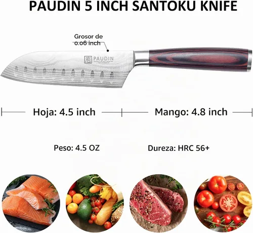 Vista 2 de PAUDIN - Cuchillo Santoku, cuchillo de chef de 5 pulgadas, cuchillo de cocina ultra afilado, cuchillo de chef japonés con funda, acero inoxidable