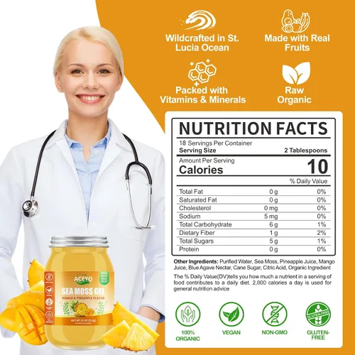 Vista 4 de ACEYO Gel de musgo marino irlandés (18 onzas) crudo vegano mango sabor piña 102 vitaminas y minerales cosechados en la naturaleza sin OMG
