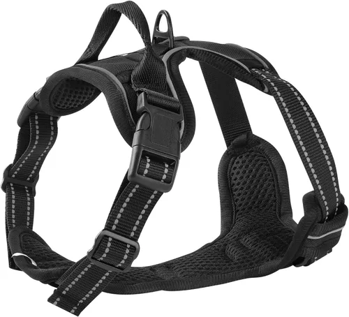 Vista 3 de Arnés negro reflectante sin tirones para perro con 2 clips para correa, chaleco acolchado suave para perros pequeños, fácil de poner y quitar