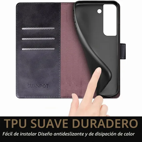 Vista 7 de SUANPOT Funda de piel tipo cartera para Samsung Galaxy S22 con bloqueo RFID, tarjetero para tarjetas de crédito, funda para teléfono con tapa a Negro