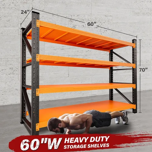 Vista 2 de Estantería de garaje resistente de 5000 libras, estantes de almacenamiento de 60 pulgadas de ancho y profundo, estantes de garaje de metal naranja