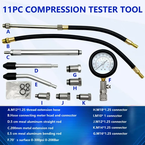 Vista 2 de ZKTOOL Probador de compresión de cilindro de motor de 11 unidades (todos los vehículos) de 300 PSI con M10 M12 M14 M16 M18, kit adaptador