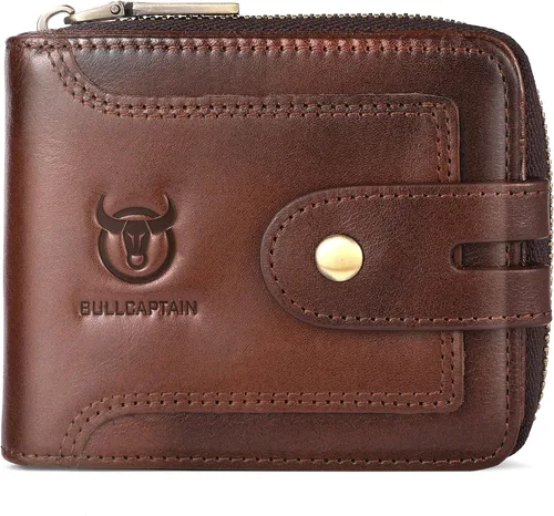 Vista 113 de LUKZIJAES Billetera de cuero genuino para hombre, con bloqueo RFID, delgada, plegable, bolsillo frontal, #3-Café, Vintage