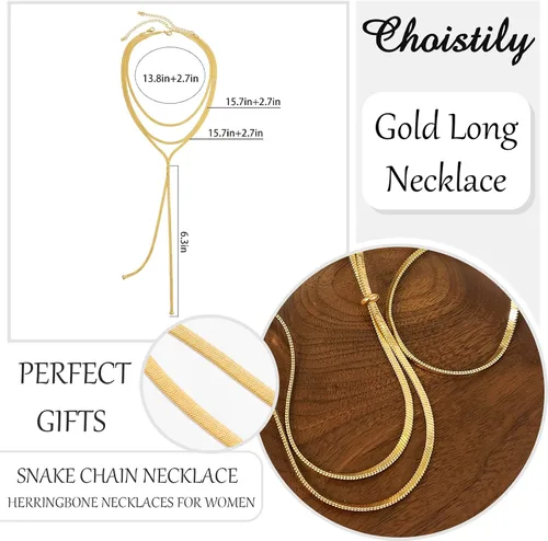 Vista 4 de Collares largos de oro para mujer, collares de oro Lariat, collar de espiga para mujer, collares dorados gruesos, collar de cadena de serpiente