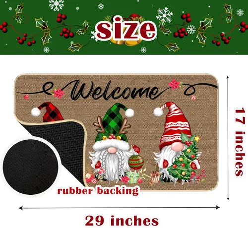 Vista 3 de TREWAVE Felpudo Decorativo de Bienvenida Navideño, Tapete de Puerta de Gnomo Navideño a Cuadros Buffalo, Alfombra de Entrada Antideslizante, 29 x 17
