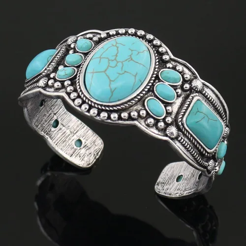 Vista 4 de Pulsera de turquesa comprimida con base chapada en rgentium antiguo para mujer, joyería de moda