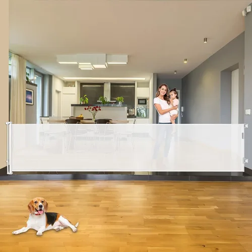 Vista 10 de Puertas retráctiles para bebés para puertas, puerta retráctil para perros de 55 pulgadas de ancho para escaleras, puertas de malla para perros