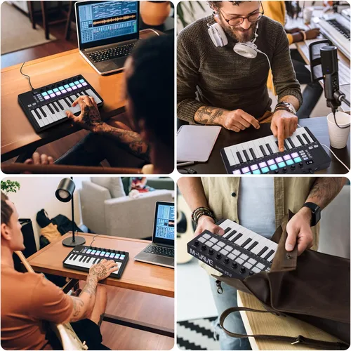 Vista 6 de M-VAVE Controlador de teclado USB MIDI de 25 teclas con 16 almohadillas de batería retroiluminadas, Bluetooth, teclado dinámico semi-pesado