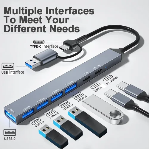 Vista 2 de Concentrador USB multipuerto USB-C, multipuerto de aleación de aluminio con 5 puertos USB, 2 puertos USB-C, para MacBook Pro Air, para iPad Pro