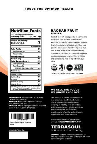 Vista 2 de Terrasoul Superfoods Polvo de fruta Baobab orgánico, 1.5 libras